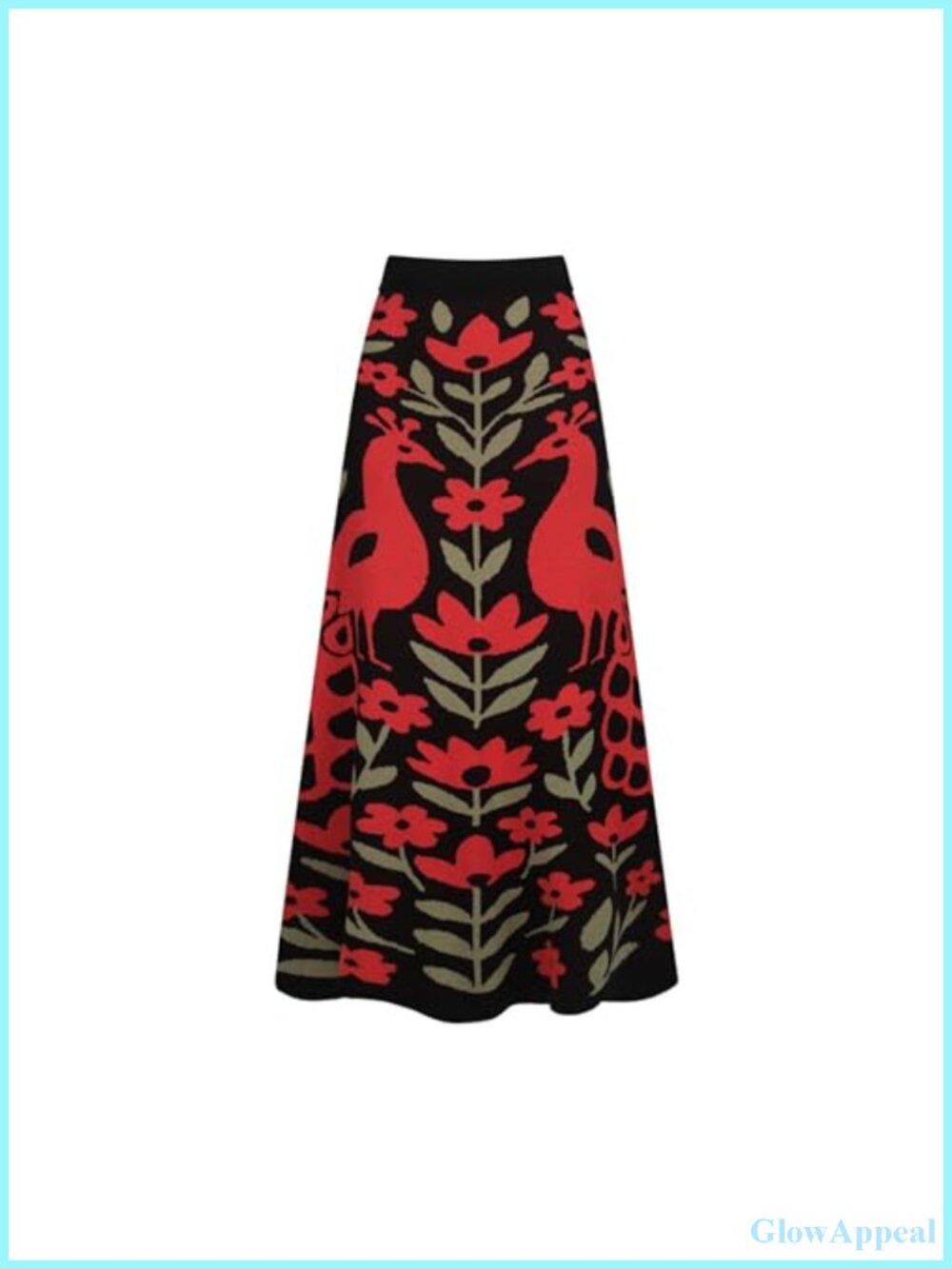 100% Cotton Knitted Midi A-Line Skirt High Waist Retro Peacock Floral Casual